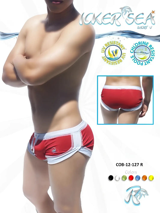 Icker Sea curved hemline u shorts square cut trunk swimwear in red with white trim and sporty design