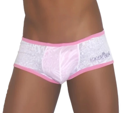Pink lace-trimmed white men’s boxer briefs with subtle pattern and branded logo on waistband by icker sea