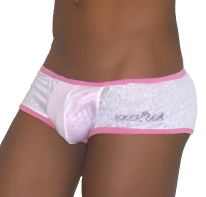 White satin boxer brief underwear with pink trim and sparkling sweet design from icker sea devoured collection