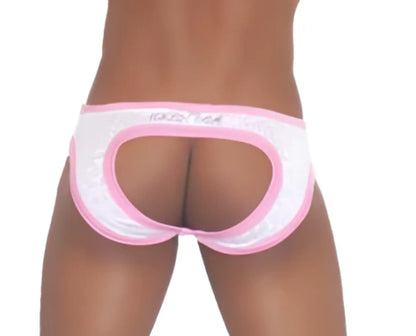 Icker Sea Devoured jock brief underwear in pink and white with lace trim and a cutout design