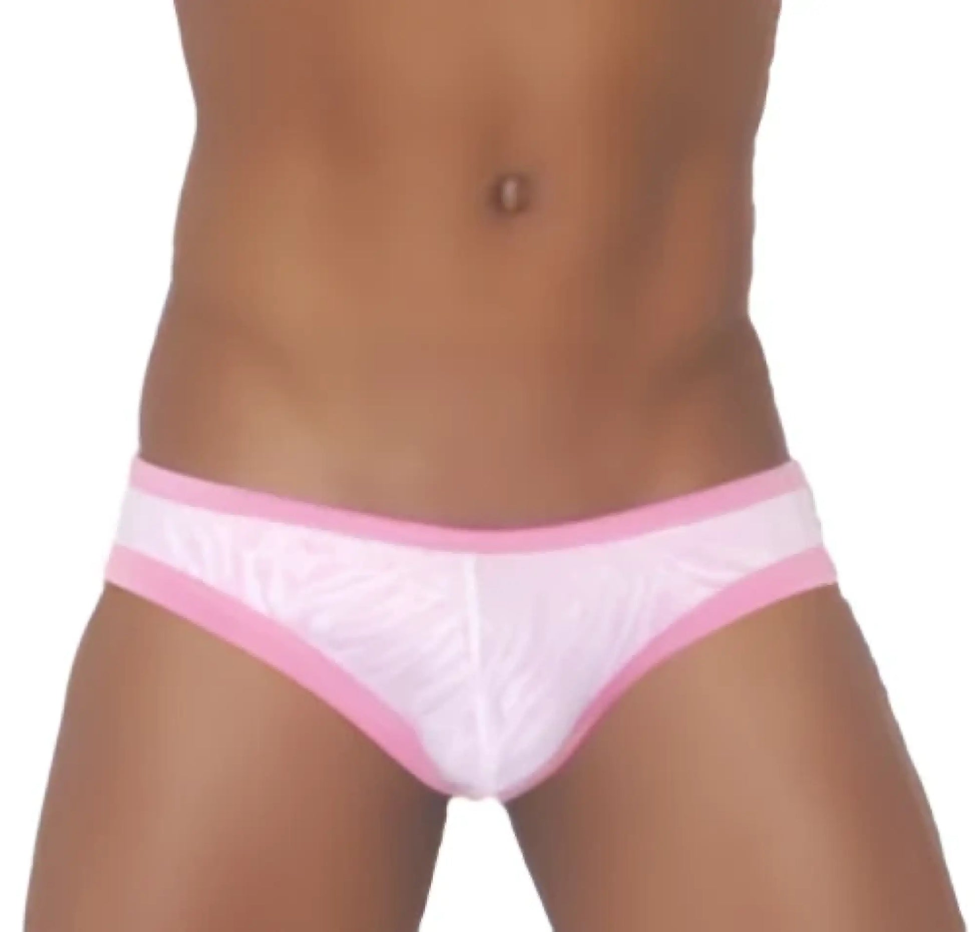 Pink and white lace-trimmed icker sea devoured jock brief underwear for men in front view