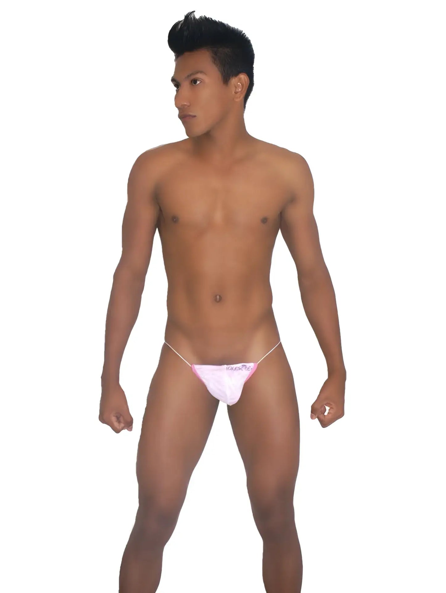 Pink thong underwear with thin white elastic straps and a small front logo by icker sea devoured micro g string