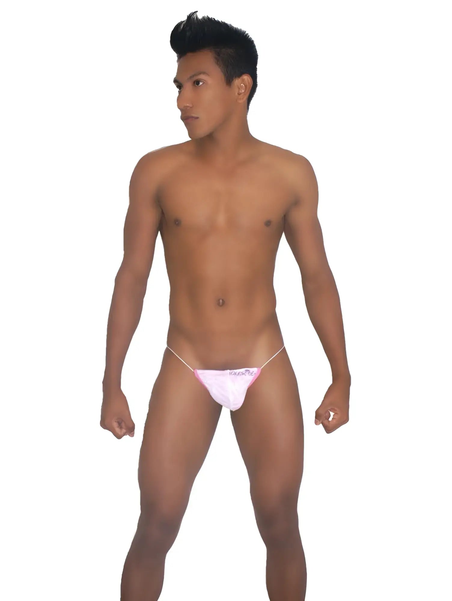 Pink thong underwear with thin white elastic straps and a small front logo by icker sea devoured micro g string