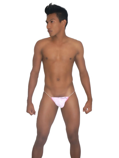 Pink thong underwear with thin white elastic straps and a small front logo by icker sea devoured micro g string