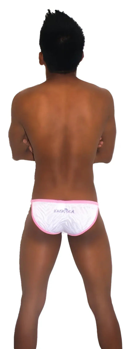White briefs with pink trim featuring a subtle textured pattern and kinky bear embroidery in black script on front