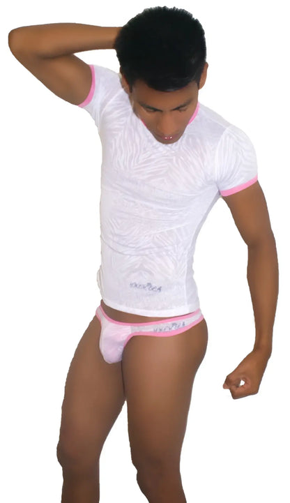 White textured short sleeved t shirt with pink trim and matching pink underwear featuring subtle logo from icker sea