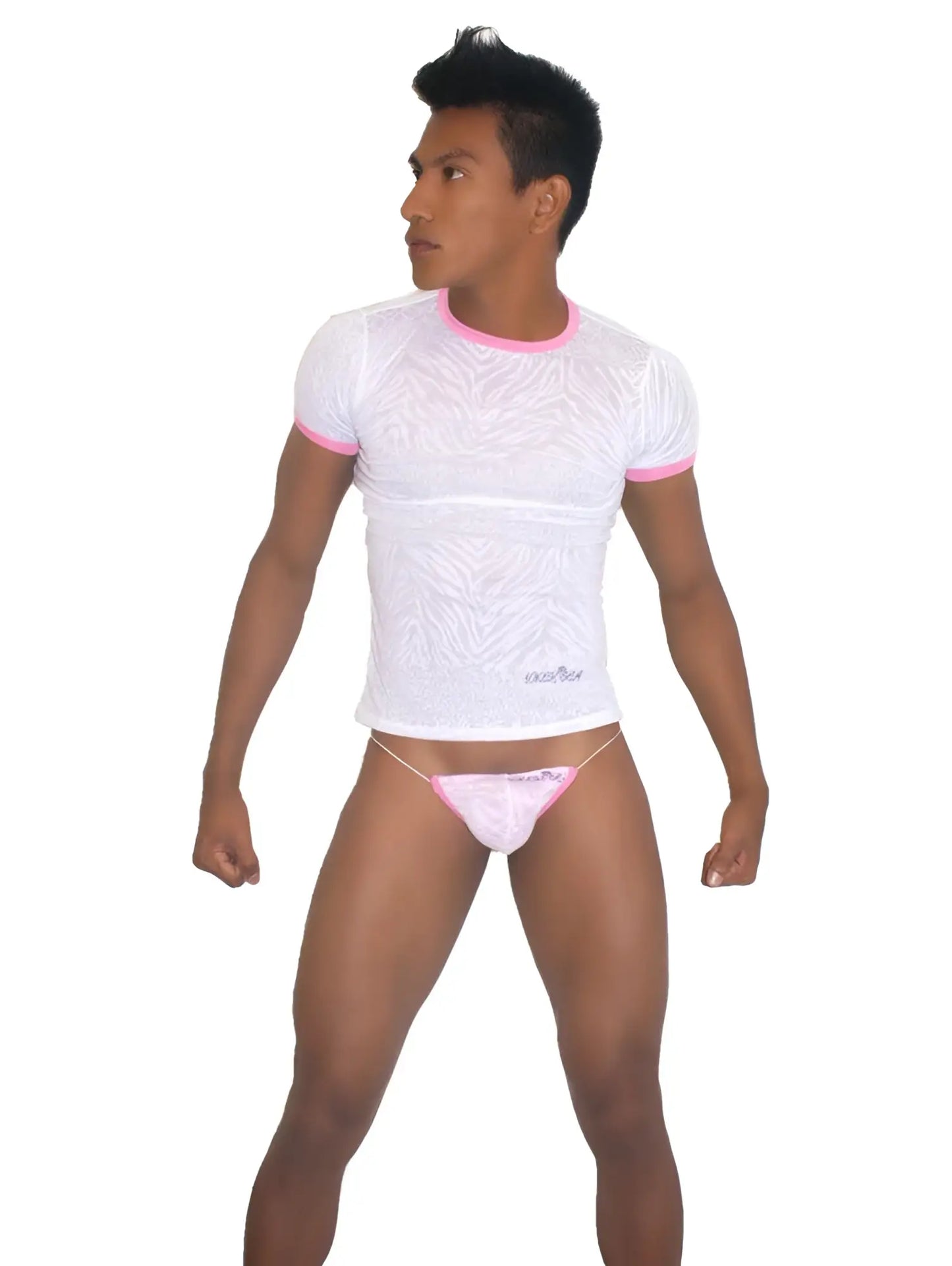 White textured short-sleeve t shirt with pink trim and matching pink briefs from icker sea collection