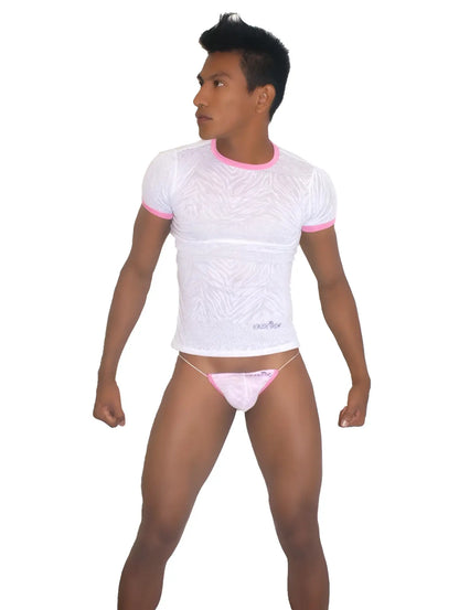 White textured short-sleeve t shirt with pink trim and matching pink briefs from icker sea collection