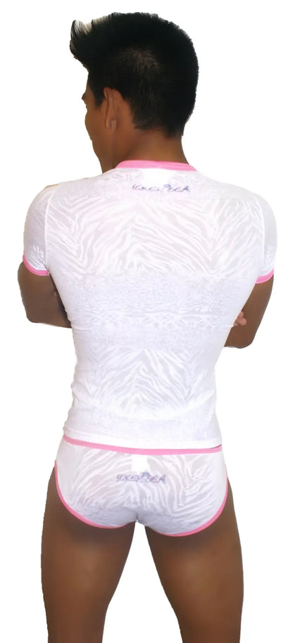 White zebra-print short-sleeve shirt and matching briefs with pink trim and subtle shimmer finish by Icker Sea