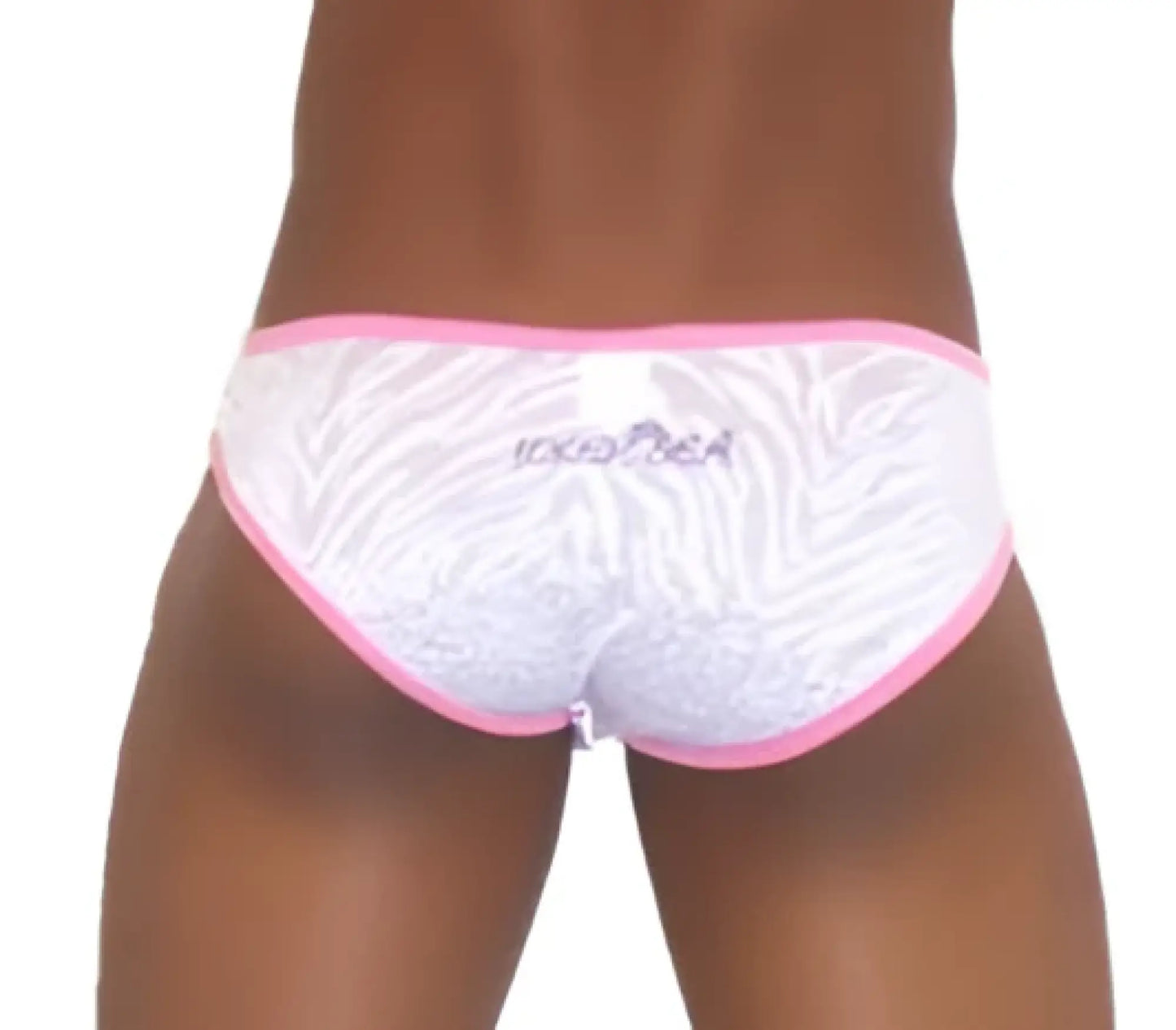 White lace slip bikini underwear with pink trim and subtle zebra print embroidered with kissmea brand name