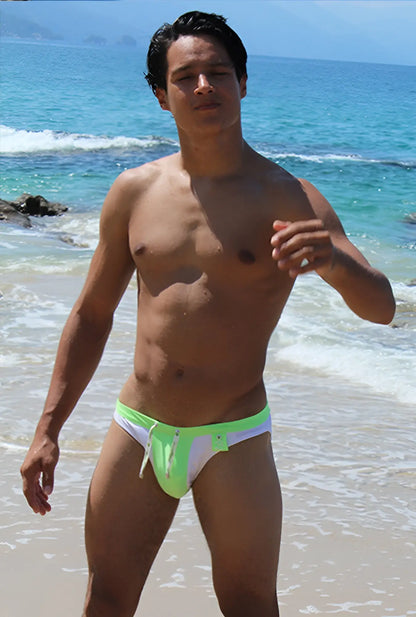 Icker Sea duotone bikini swimwear green cob-15-22 bright neon green and white swim trunks with distinctive cutout design