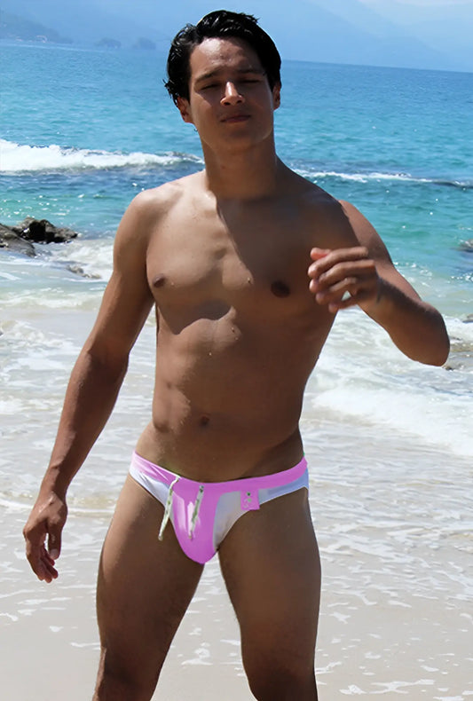 Icker Sea duotone bikini swimwear pink pink and white swim trunks with zipper detail front view for beachwear