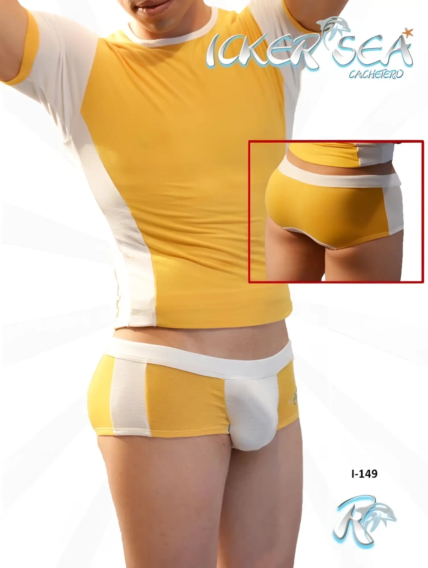 Men’s icker sea duotone boxer briefs in mango and white with yellow front panel and white striped side panels