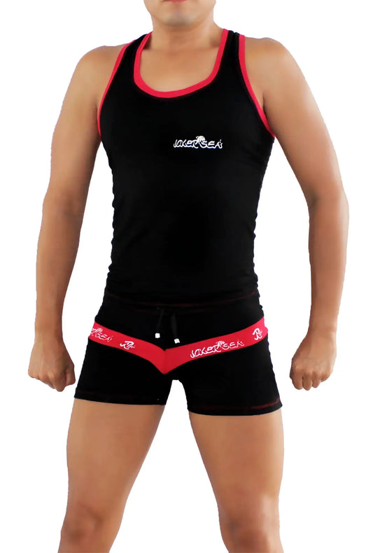 Black and red sleeveless tank top with white logo on chest from Icker Sea duotone matching set cor-16-01