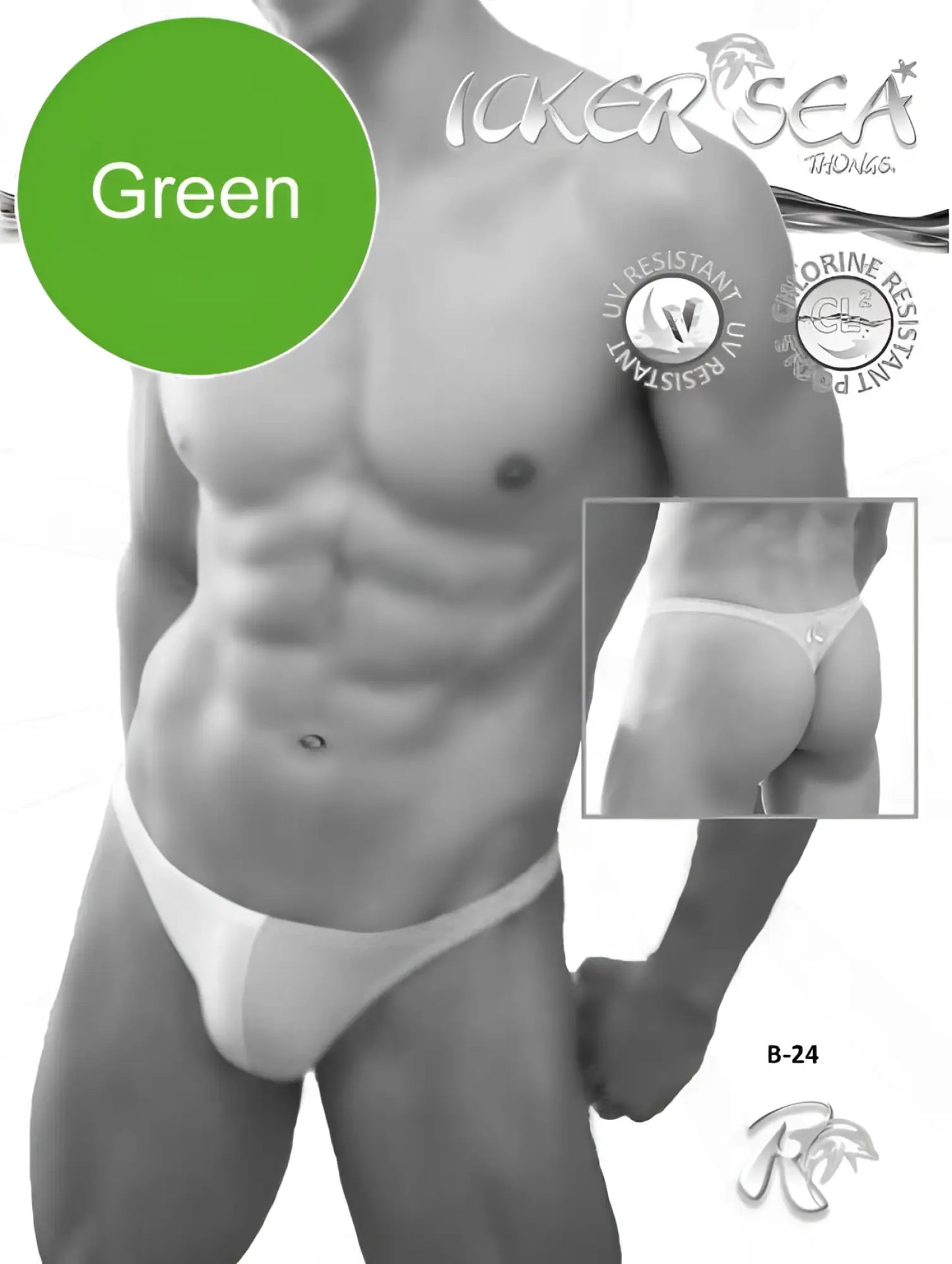 White thong swim trunks by icker sea with uv and chlorine resistance in green and white shown from the back side