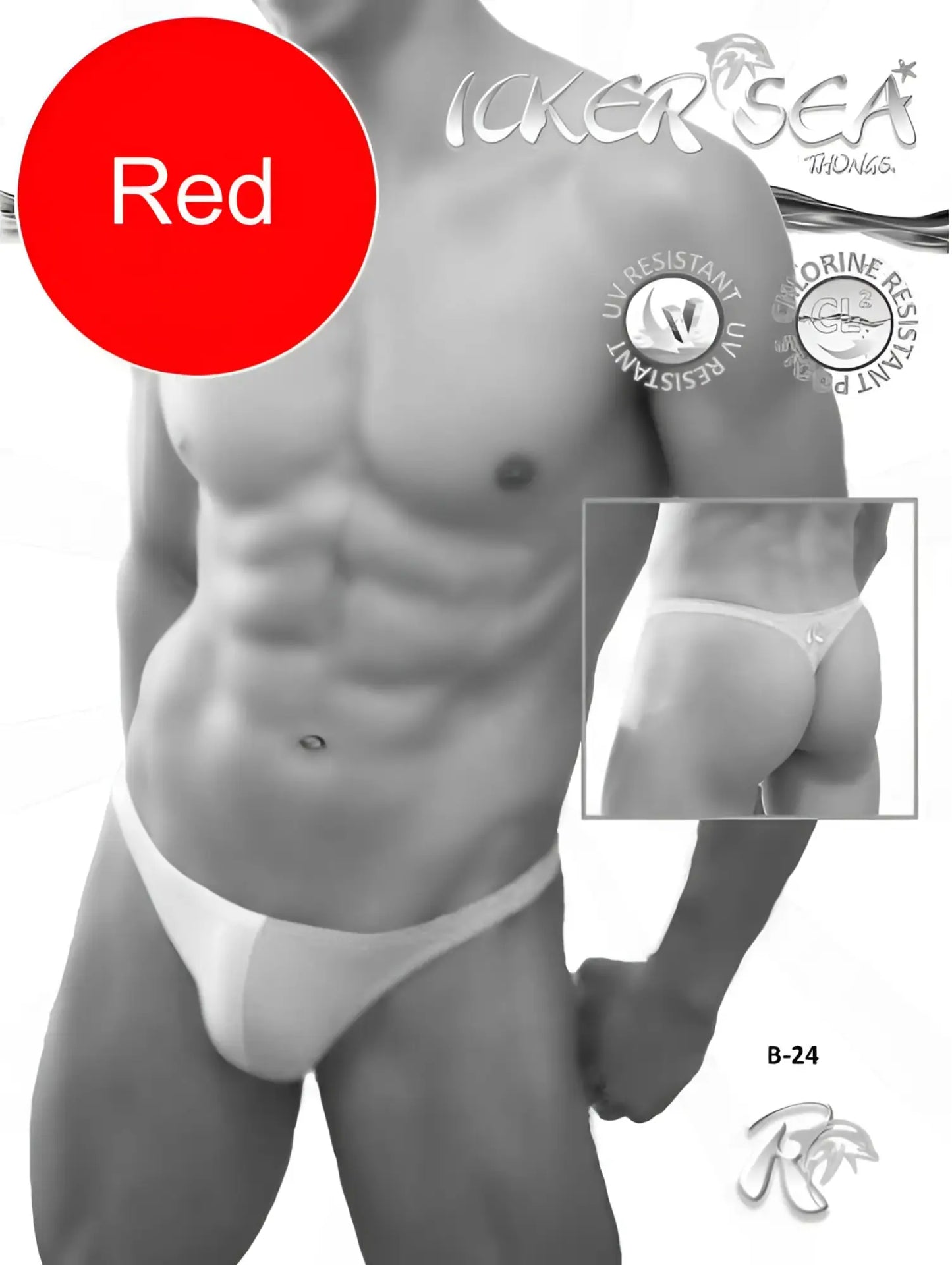 Red men’s thong swimwear by icker sea with a minimalist design, thin straps, and contoured cut in red and white
