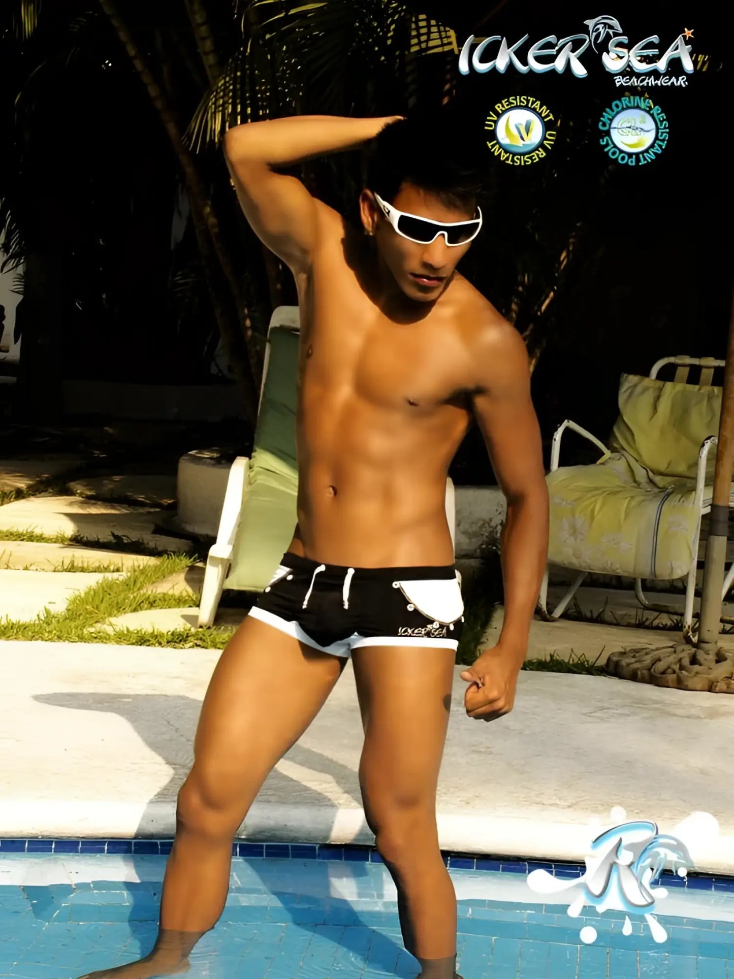 Black and white Icker Sea Eyelets square cut trunk swimwear with logo on left leg for casual beachwear