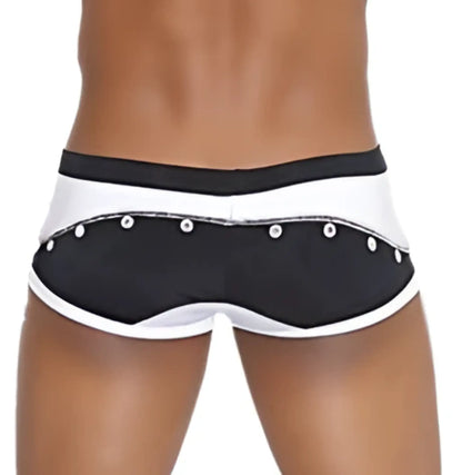 Icker Sea eyelets square cut trunk swimwear black swim trunks with decorative silver studs along the side seam