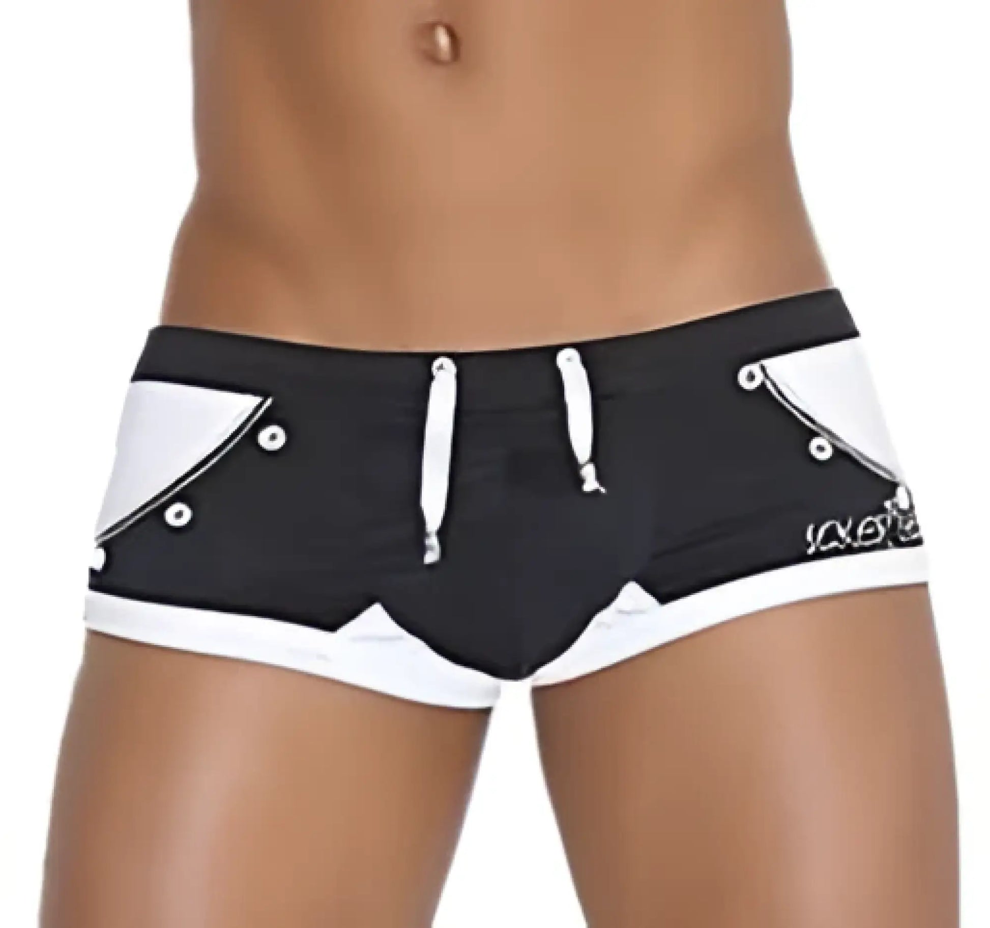 Icker Sea eyelets square cut trunk swimwear in black with white buttoned side design for stylish swim use