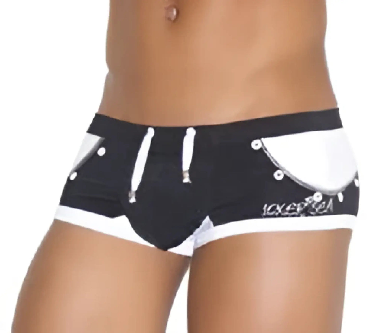 Black and white icker sea eyelets square cut swim trunks with white drawstrings and silver rivet details on side seams