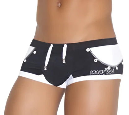 Black and white icker sea eyelets square cut swim trunks with white drawstrings and silver rivet details on side seams