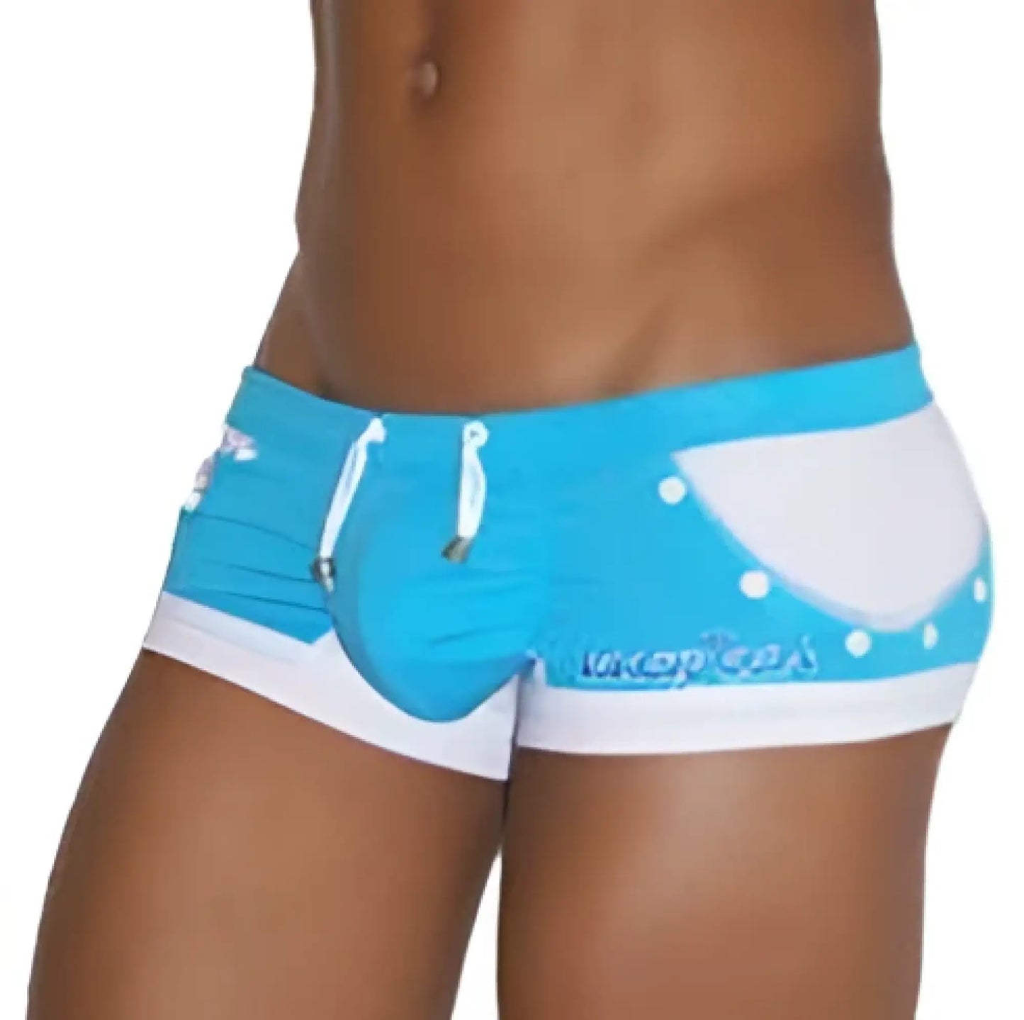 Icker sea eyelets square cut trunk swimwear in bright blue with white accents and a drawstring waistband