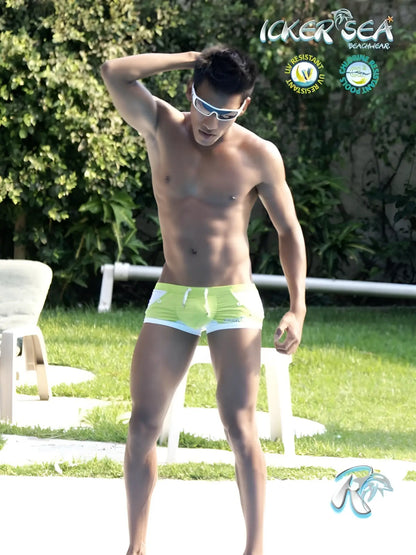 Ucker sea eyelets square cut trunk swimwear in bright lime green and white with a sleek modern design
