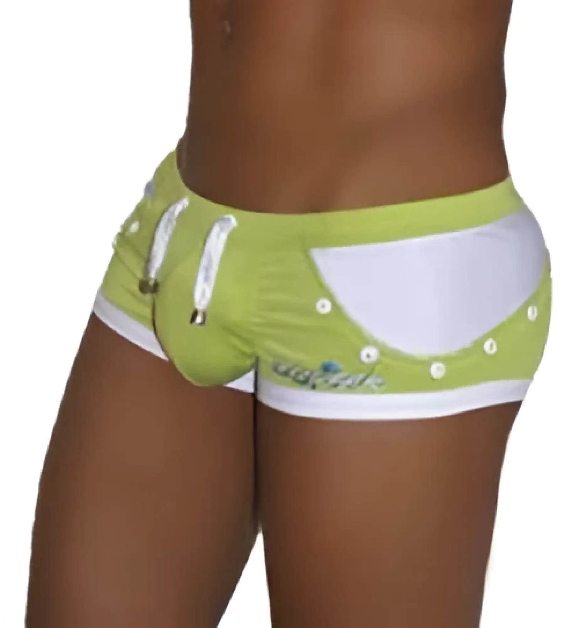 Icker Sea Eyelets square cut trunk swimwear green lime green and white with circular cutouts and decorative buttons