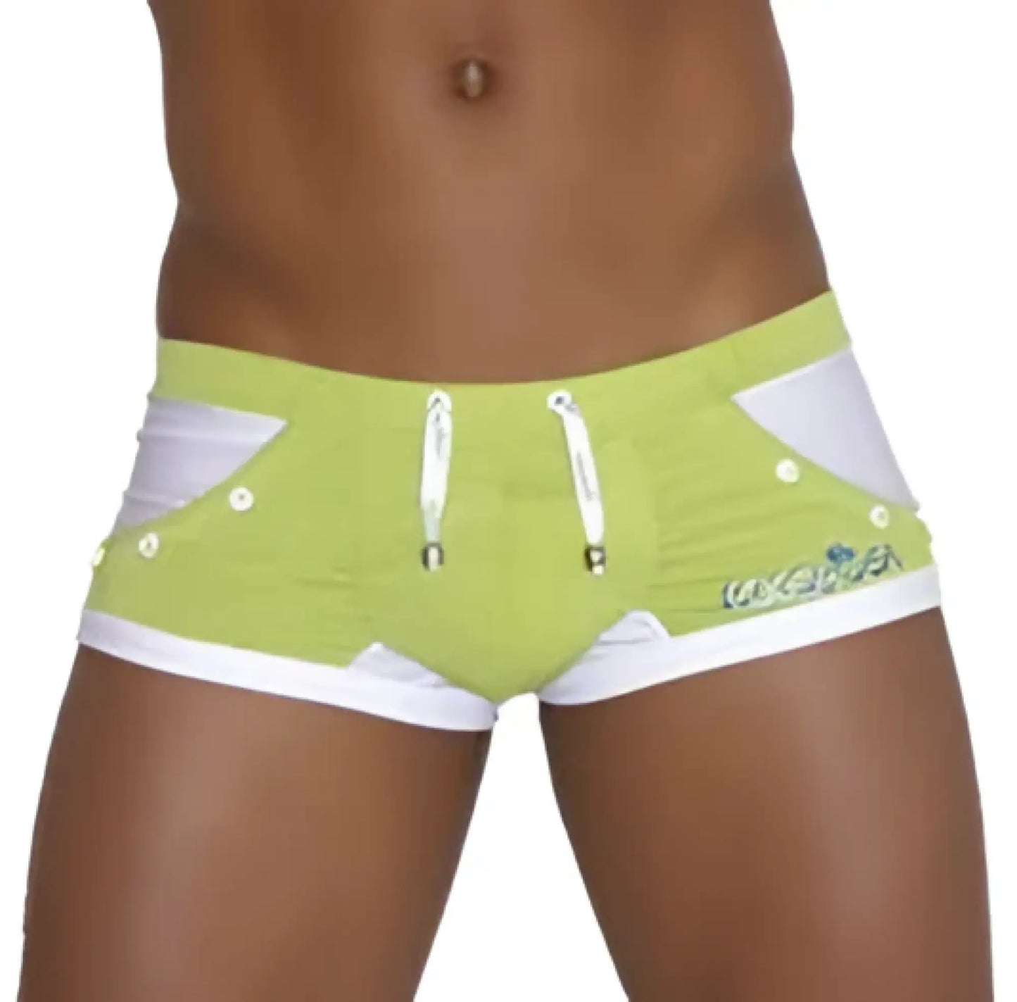 Icker Sea Eyelets square cut trunk swimwear in lime green and white with side zipper detail for swimming