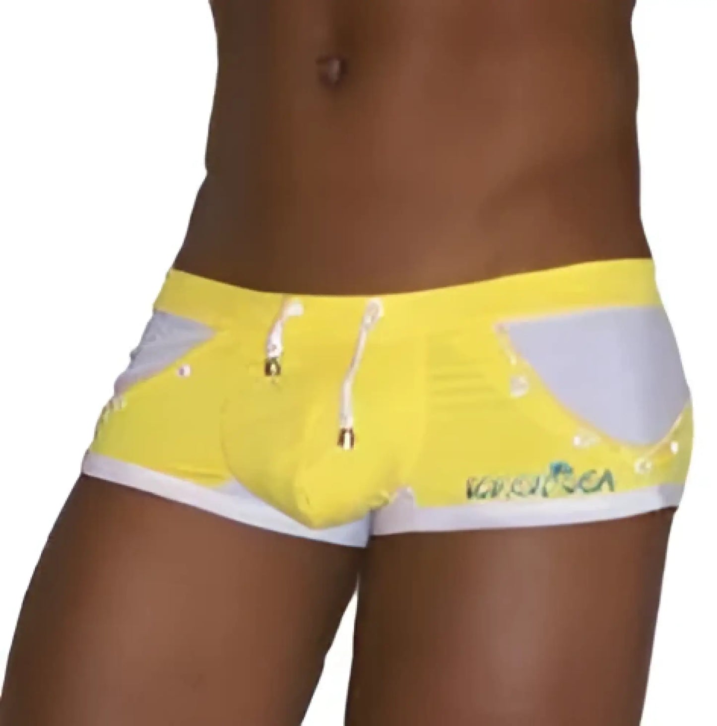 Bright yellow icker sea eyelets square cut trunk swimwear with white gray accents and side branded logo for swimming