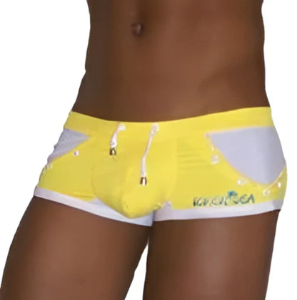 Bright yellow icker sea eyelets square cut trunk swimwear with white gray accents and side branded logo for swimming
