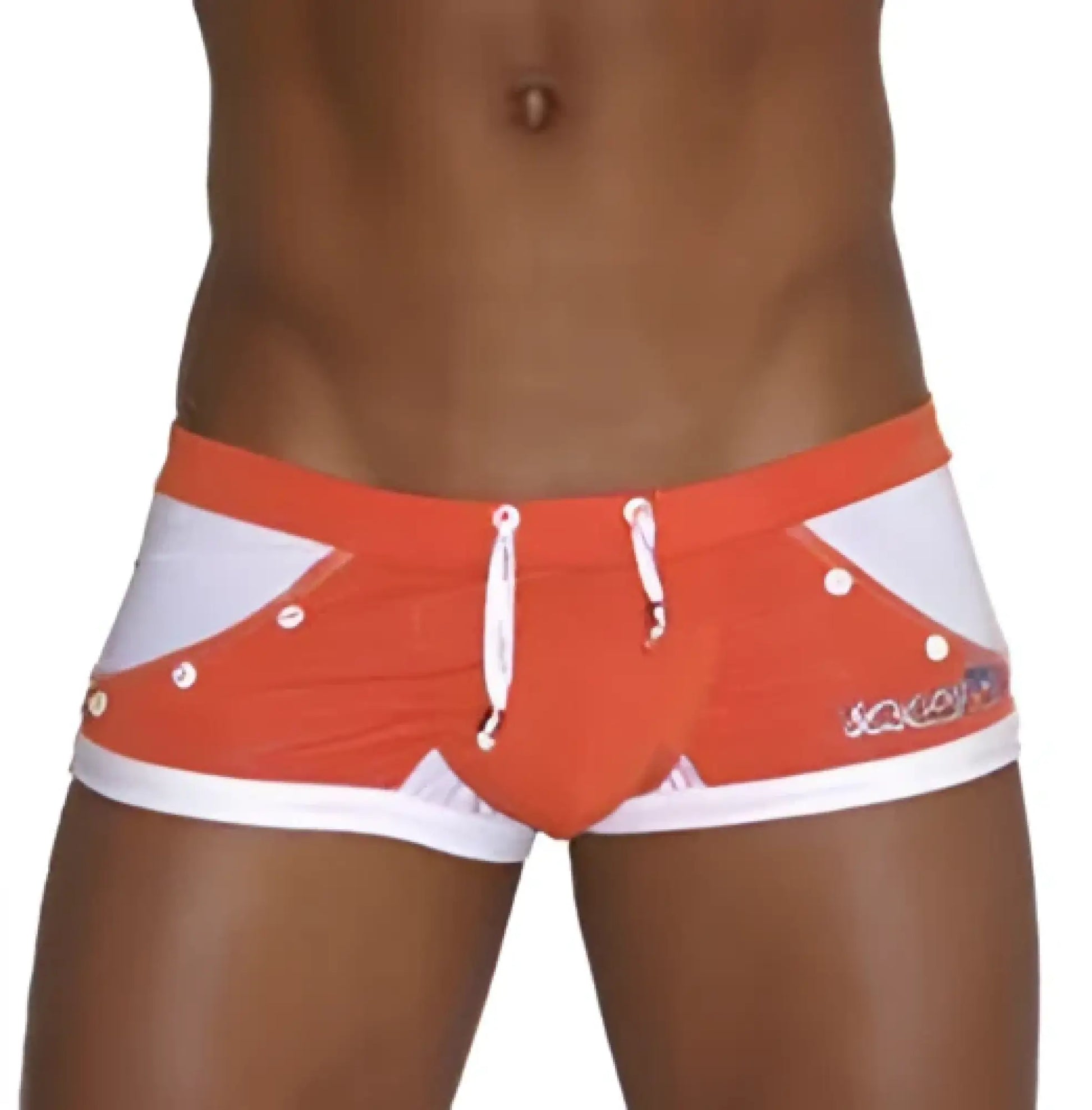 Icker Sea eyelets square cut trunk swimwear in orange and white with bold geometric pattern and brand logo on side