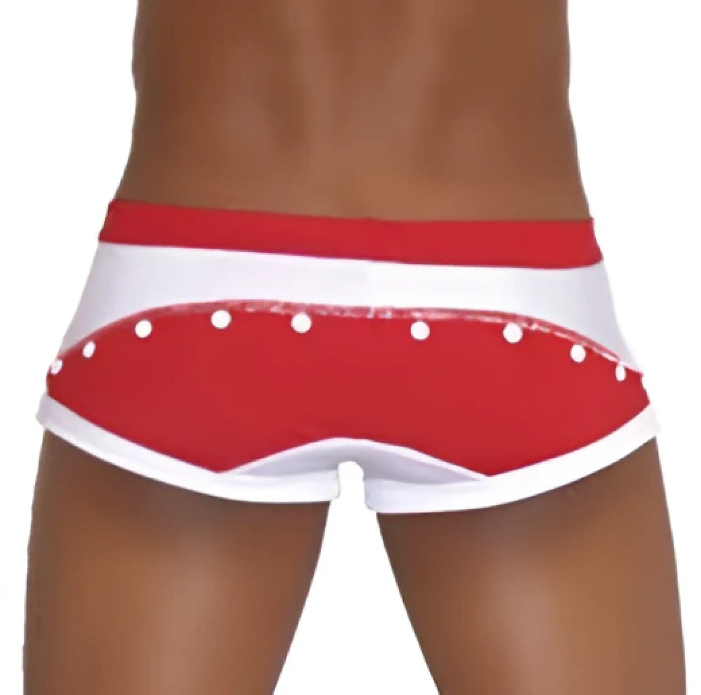 Icker sea eyelets square cut red and white swim trunks with studded waistband detail for stylish swimwear use