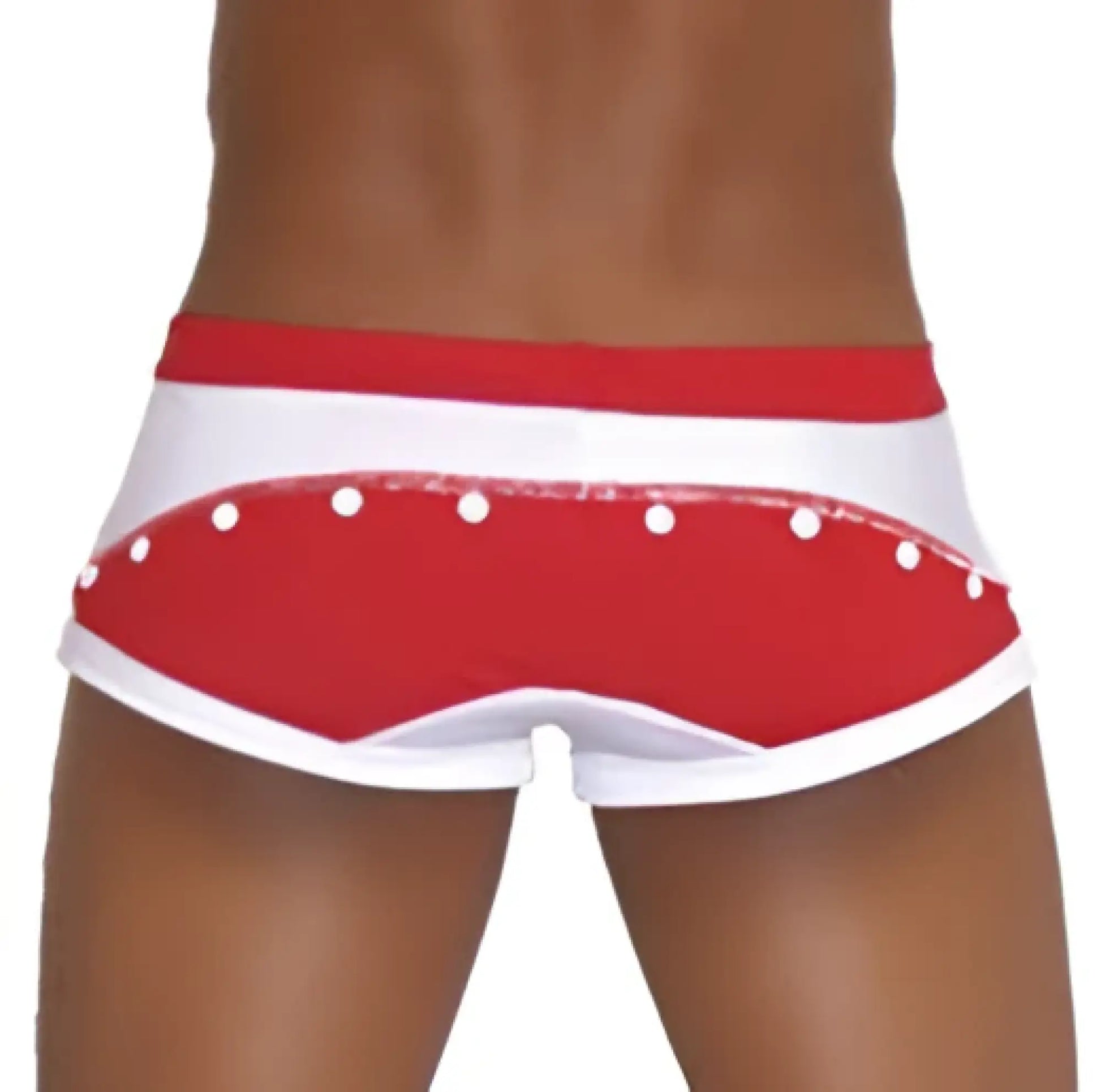 Icker sea eyelets square cut red and white swim trunks with studded waistband detail for stylish swimwear use