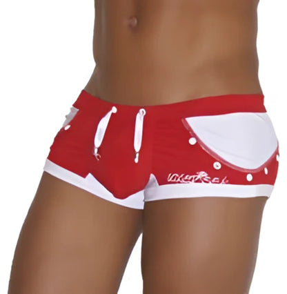 Icker Sea Eyelets square cut trunk swimwear in red and white with playful design and decorative stitching details