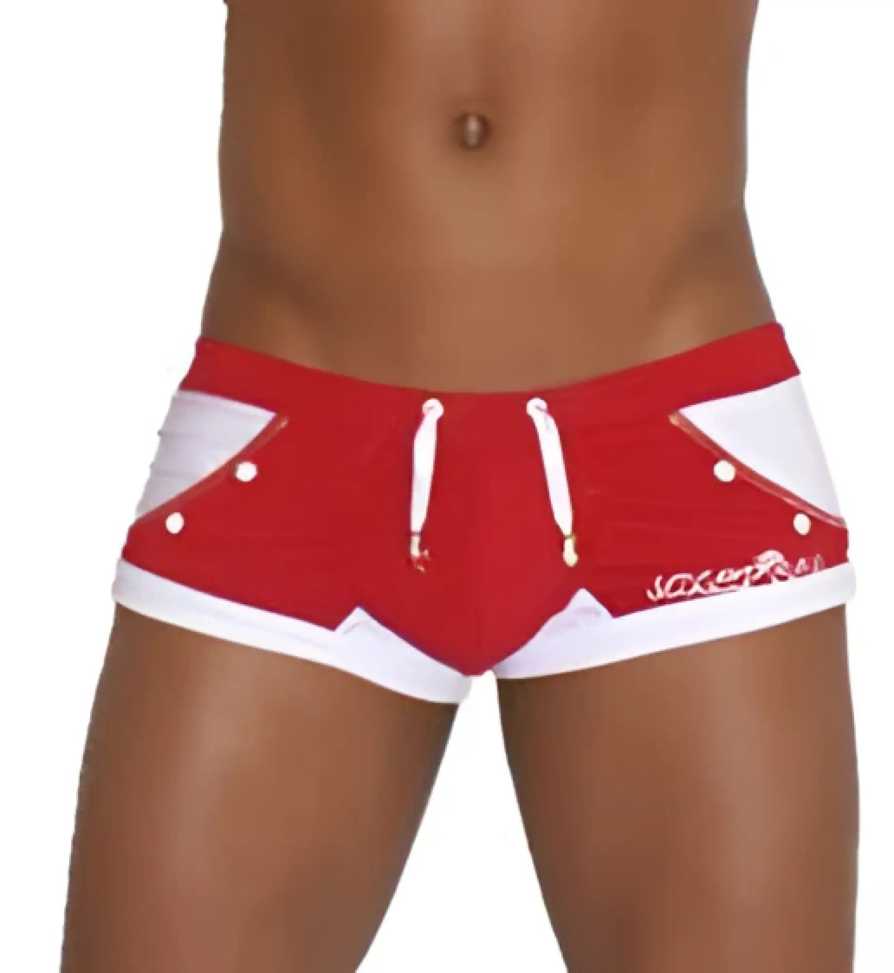Red and white icker sea eyelets square cut trunk swimwear with bold geometric design white drawstrings and silver buttons