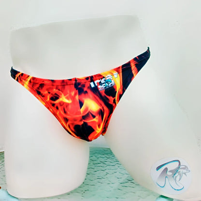 Vibrant red and orange flame-patterned icker sea fire red thong underwear displayed on a mannequin front view