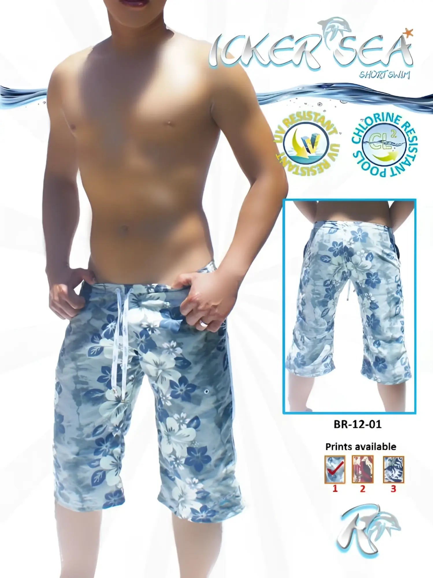 Icker Sea Flowers Bermuda boardshorts in grey and blue with blue and white floral pattern and drawstring waistband