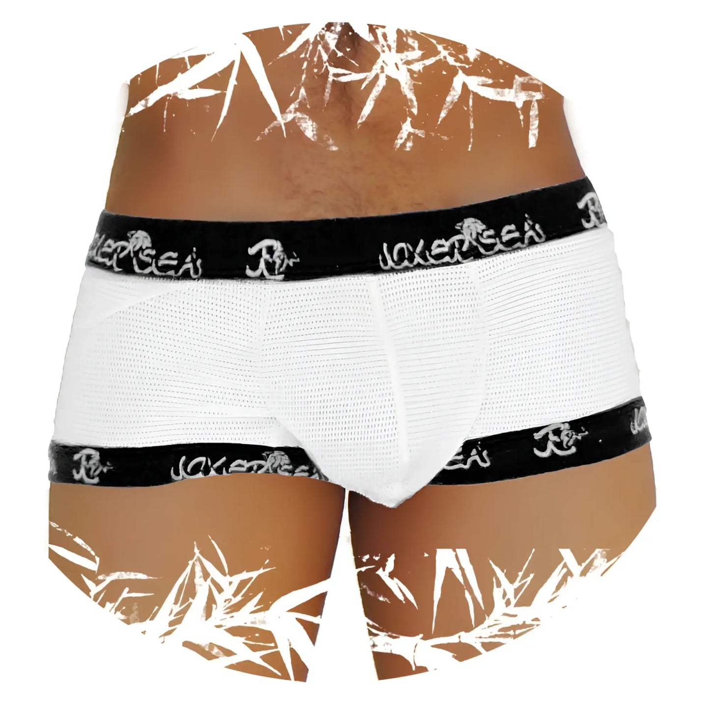 White mesh boxer briefs with black elastic trim featuring repeating joker sea logo in white icker sea fresh dots logo trim underwear