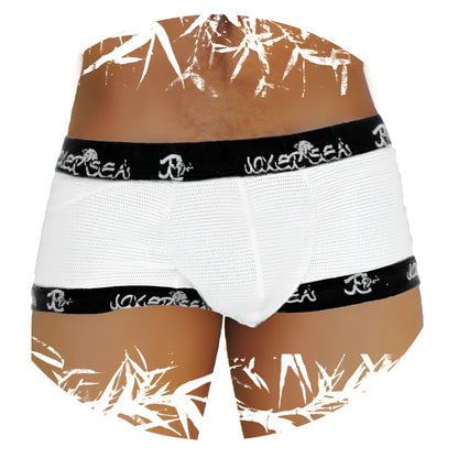 White mesh boxer briefs with black elastic trim featuring repeating joker sea logo in white icker sea fresh dots logo trim underwear