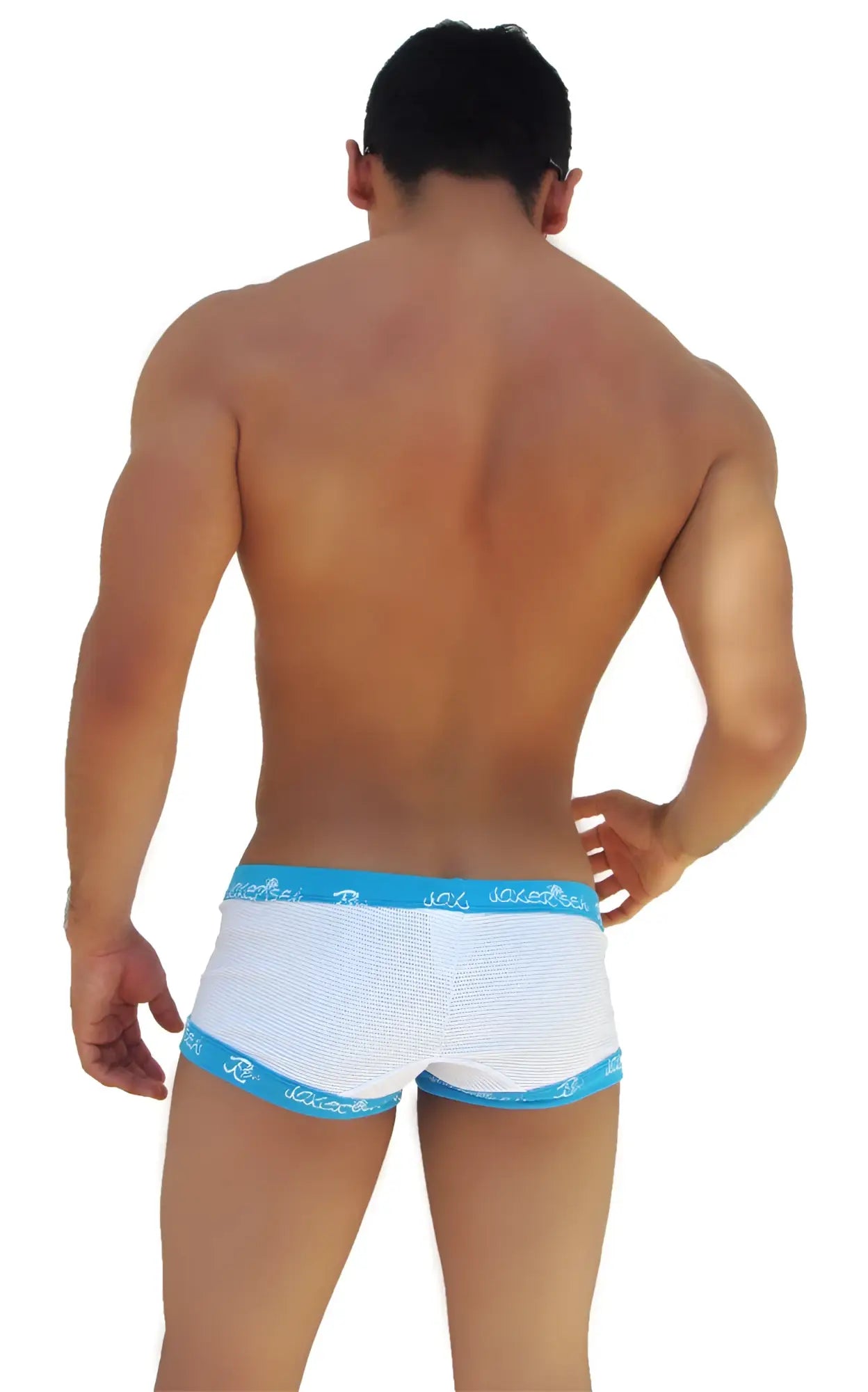 Icker Sea Fresh Dots logo trim boxer brief underwear in white mesh with light blue trim and subtle waistband pattern