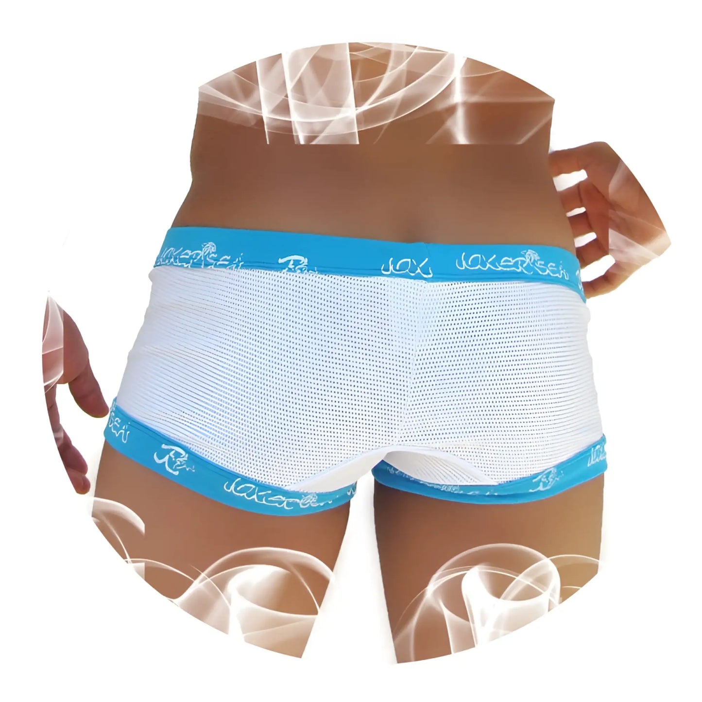 White mesh icker sea fresh dots boxer brief underwear with blue elastic waistband and joker logo trim