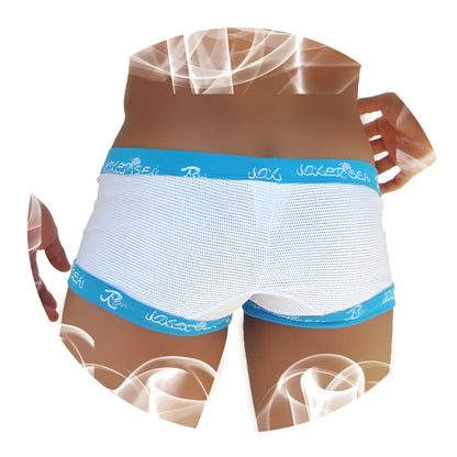 White mesh icker sea fresh dots boxer brief underwear with blue elastic waistband and joker logo trim