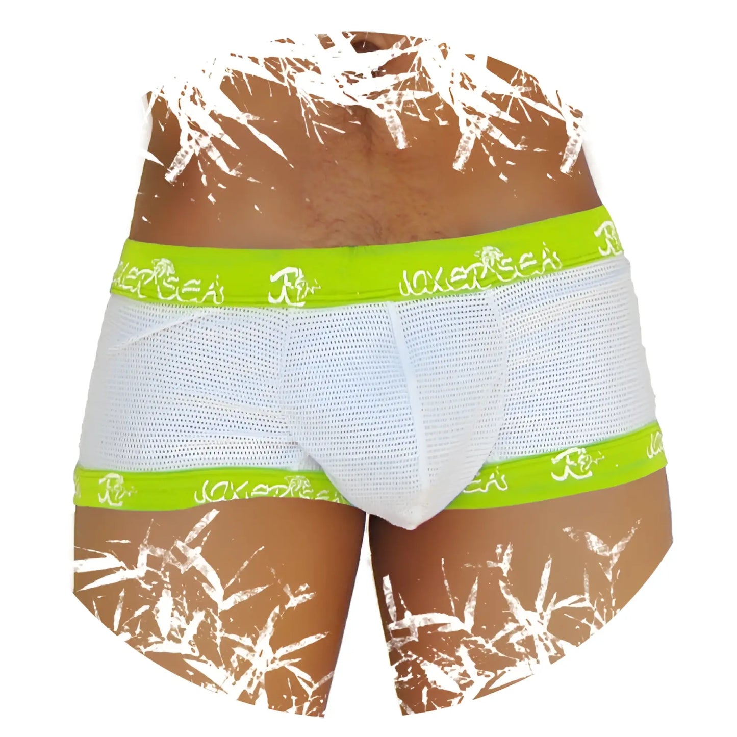 White mesh boxer briefs with bright lime green elastic trim and joker sea logo in white script green coi-14-fd-02