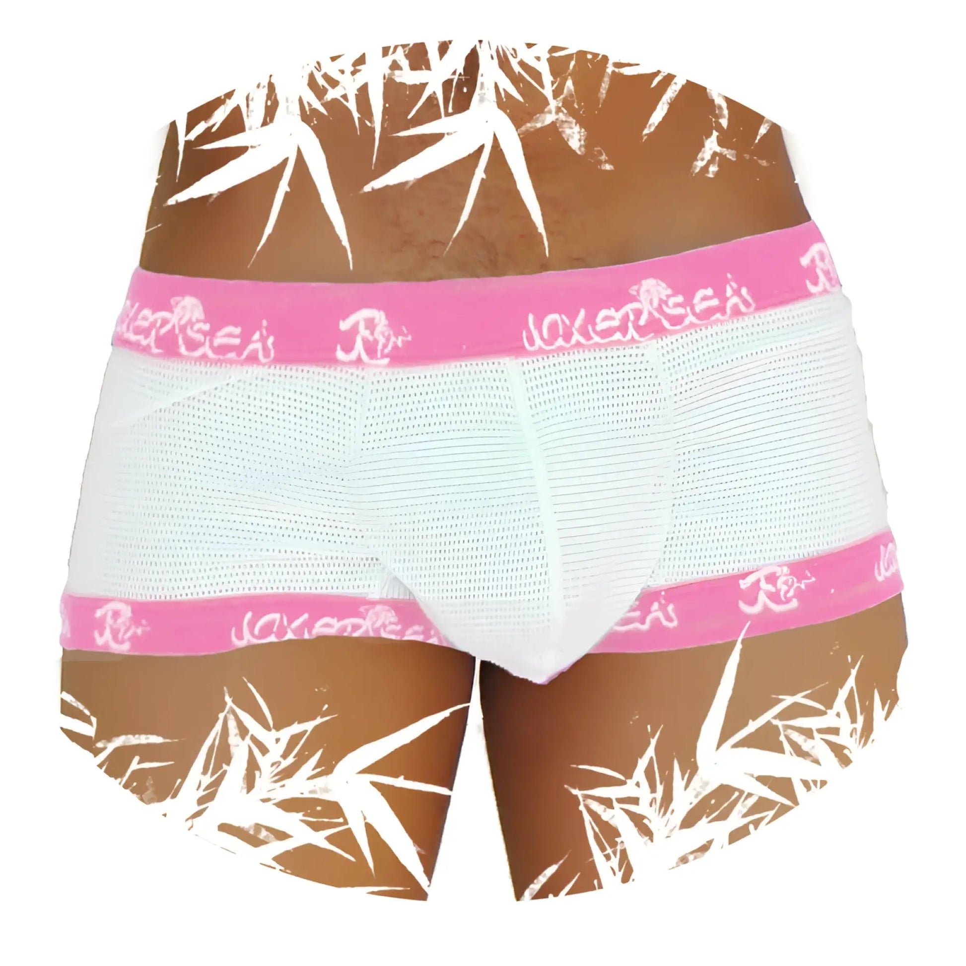 Icker Sea Fresh Dots logo trim white mesh briefs with pink elastic bands and bamboo leaf pattern on brown fabric