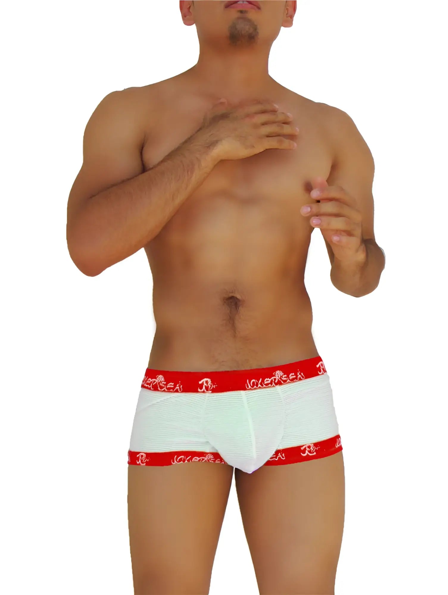 White icker sea fresh dots boxer briefs with red elastic waistband side trim subtle texture and joversea logo