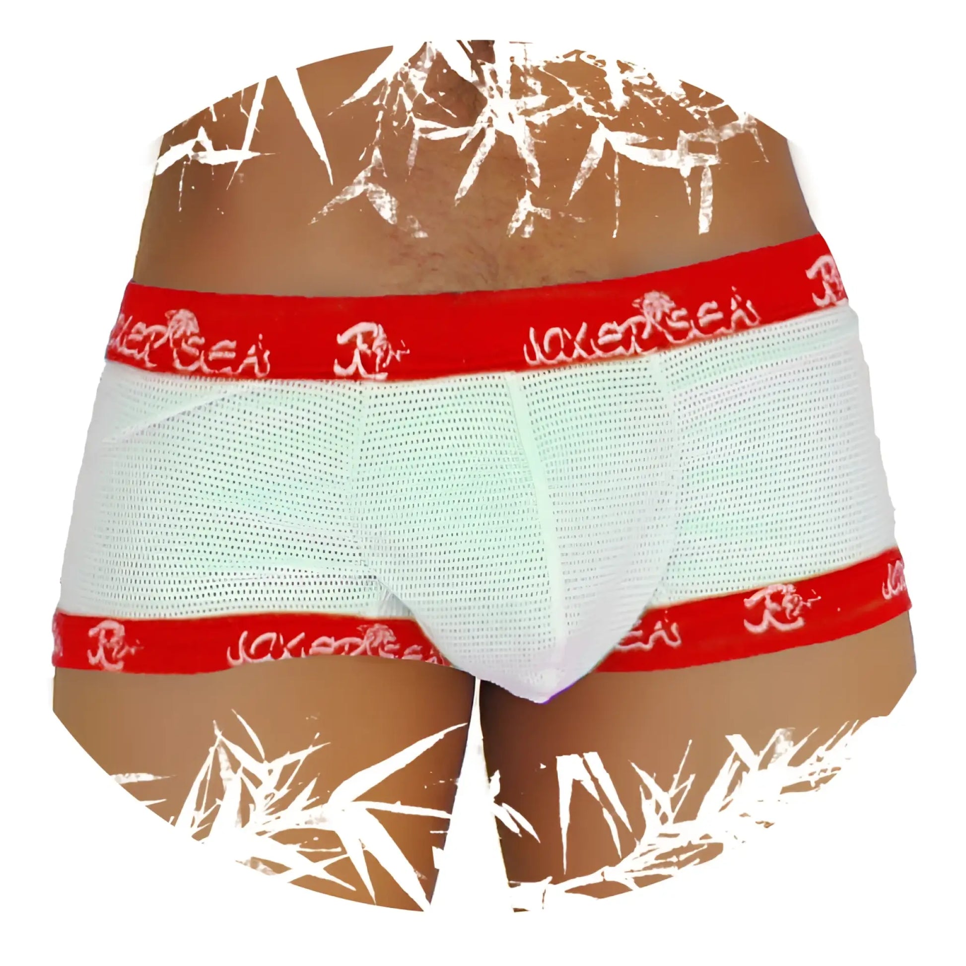 White mesh boxer briefs with red elastic waistband and leg bands featuring repeating jackersea logo in white lettering
