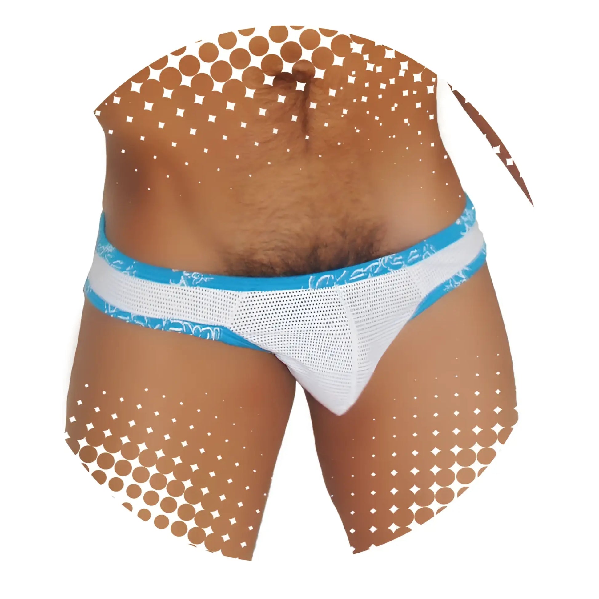 Icker Sea fresh dots logo trim brazilian thong underwear in white mesh with blue trim and patterned waistband