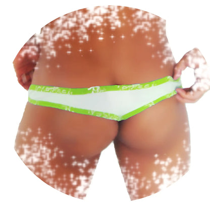 Icker Sea fresh dots logo trim bright green and white bikini bottom with thin elastic waistband in front view