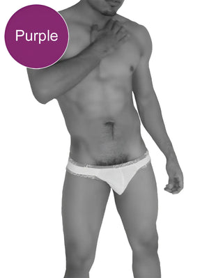 Purple mesh briefs with a white waistband featuring subtle icker sea fresh dots logo trim branding
